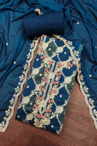 Dark blue cotton silk woven unstitched dress material