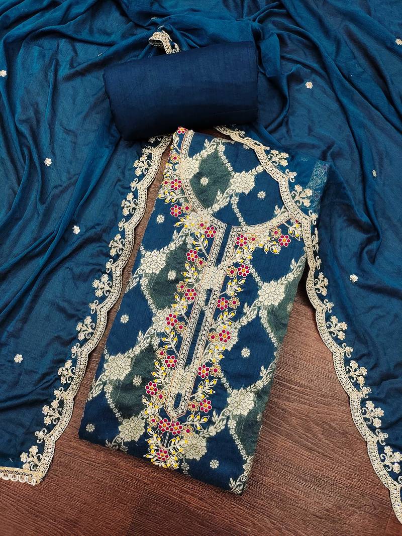 Dark blue cotton silk woven unstitched dress material