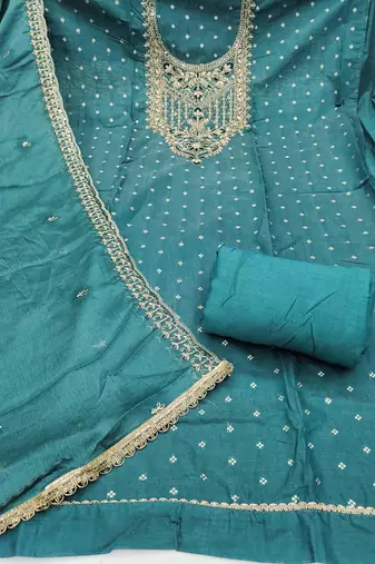 Blue modal chanderi embroidered unstitched dress material