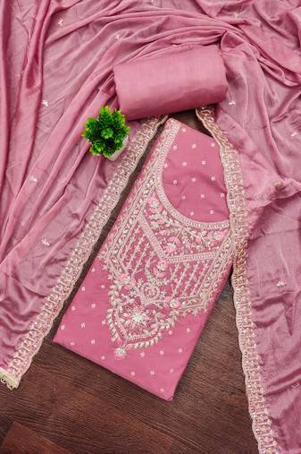 Pink modal chanderi embroidered unstitched dress material