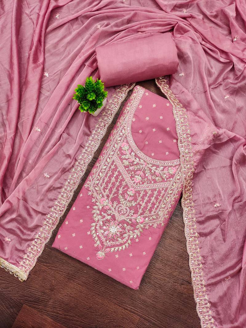 Pink modal chanderi embroidered unstitched dress material