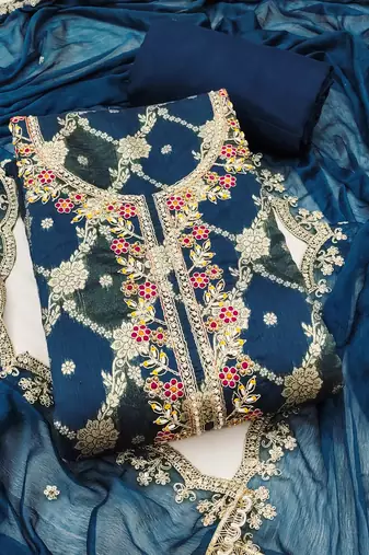 Dark blue cotton silk woven unstitched dress material