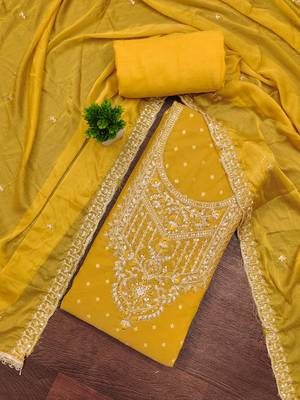 Yellow modal chanderi embroidered unstitched dress material 1