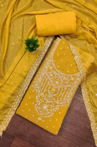 Yellow modal chanderi embroidered unstitched dress material