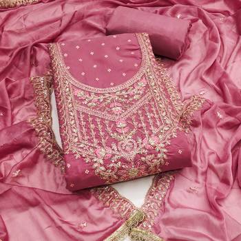 Pink modal chanderi embroidered unstitched dress material 2