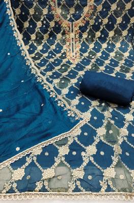 Dark blue cotton silk woven unstitched dress material 3