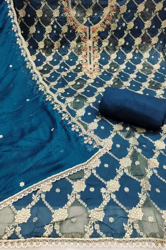 Dark blue cotton silk woven unstitched dress material