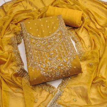 Yellow modal chanderi embroidered unstitched dress material 2