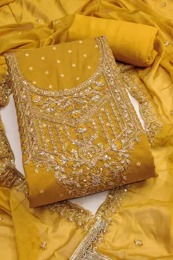 Yellow modal chanderi embroidered unstitched dress material