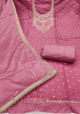 Pink modal chanderi embroidered unstitched dress material 3