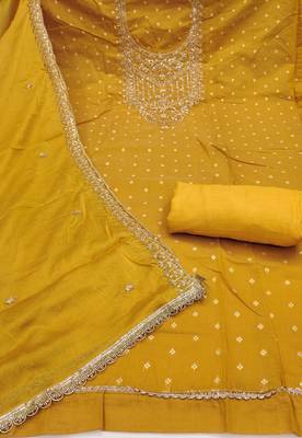 Yellow modal chanderi embroidered unstitched dress material 3