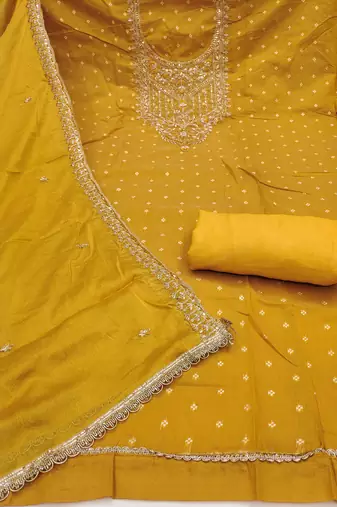 Yellow modal chanderi embroidered unstitched dress material