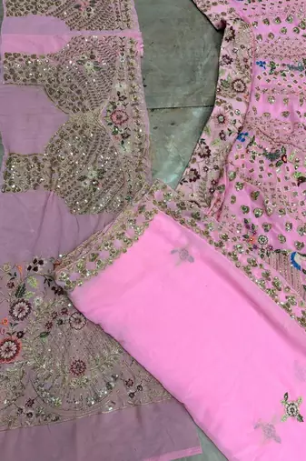 Pink Color Embroidery Sequins Work Faux Georgette Lehnega Choli Dupatta Set