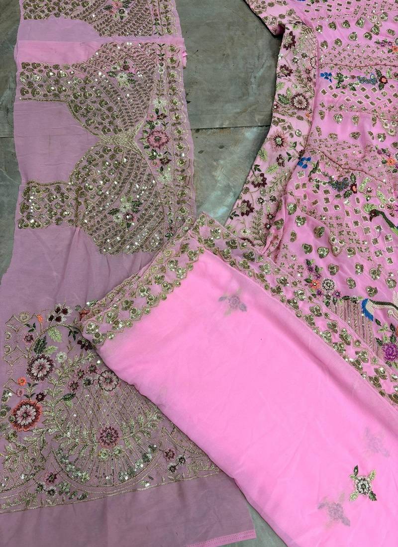 Pink Color Embroidery Sequins Work Faux Georgette Lehnega Choli Dupatta Set