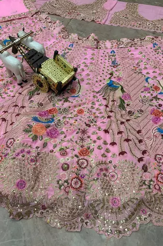 Pink Color Embroidery Sequins Work Faux Georgette Lehnega Choli Dupatta Set
