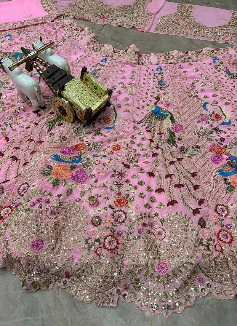 Pink Color Embroidery Sequins Work Faux Georgette Lehnega Choli Dupatta Set