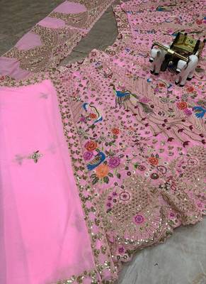 Pink Color Embroidery Sequins Work Faux Georgette Lehnega Choli Dupatta Set 4