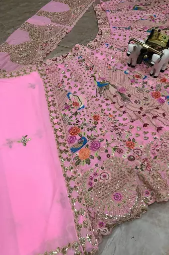 Pink Color Embroidery Sequins Work Faux Georgette Lehnega Choli Dupatta Set
