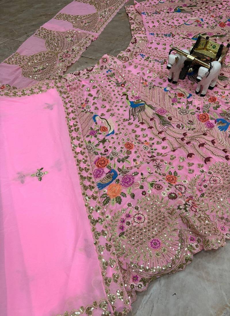 Pink Color Embroidery Sequins Work Faux Georgette Lehnega Choli Dupatta Set