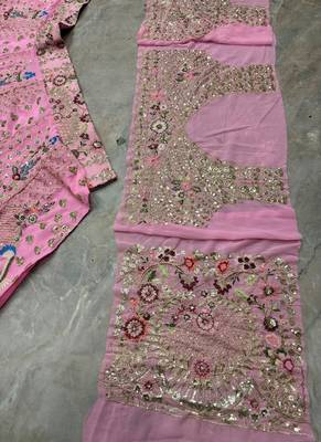 Pink Color Embroidery Sequins Work Faux Georgette Lehnega Choli Dupatta Set 5