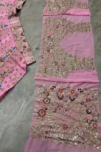 Pink Color Embroidery Sequins Work Faux Georgette Lehnega Choli Dupatta Set