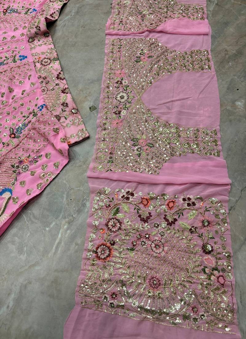 Pink Color Embroidery Sequins Work Faux Georgette Lehnega Choli Dupatta Set