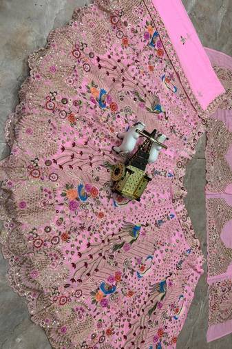 Pink Color Embroidery Sequins Work Faux Georgette Lehnega Choli Dupatta Set