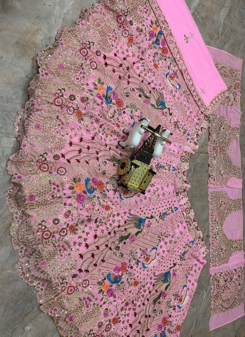 Pink Color Embroidery Sequins Work Faux Georgette Lehnega Choli Dupatta Set