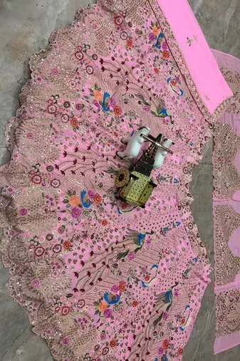 Pink Color Embroidery Sequins Work Faux Georgette Lehnega Choli Dupatta Set
