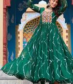 Green Faux Georgette Laheriya Print With Kutchi Patche Work Navratri Gown