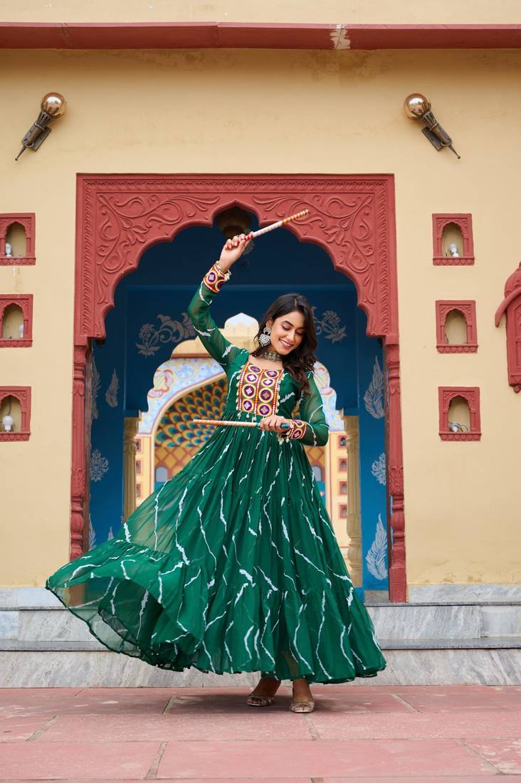 Green Faux Georgette Laheriya Print With Kutchi Patche Work Navratri Gown