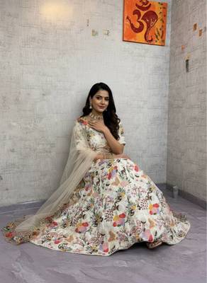 Off White Color Embroidery Sequins Work Masti Silk Lehnega Choli Dupatta Set 2