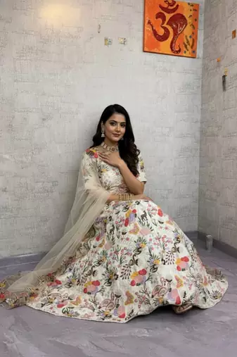 Off White Color Embroidery Sequins Work Masti Silk Lehnega Choli Dupatta Set