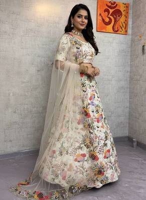 Off White Color Embroidery Sequins Work Masti Silk Lehnega Choli Dupatta Set 3