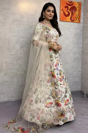 Off White Color Embroidery Sequins Work Masti Silk Lehnega Choli Dupatta Set