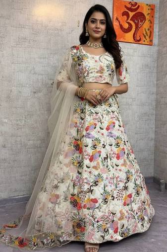 Off White Color Embroidery Sequins Work Masti Silk Lehnega Choli Dupatta Set