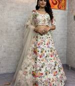 Off White Color Embroidery Sequins Work Masti Silk Lehnega Choli Dupatta Set