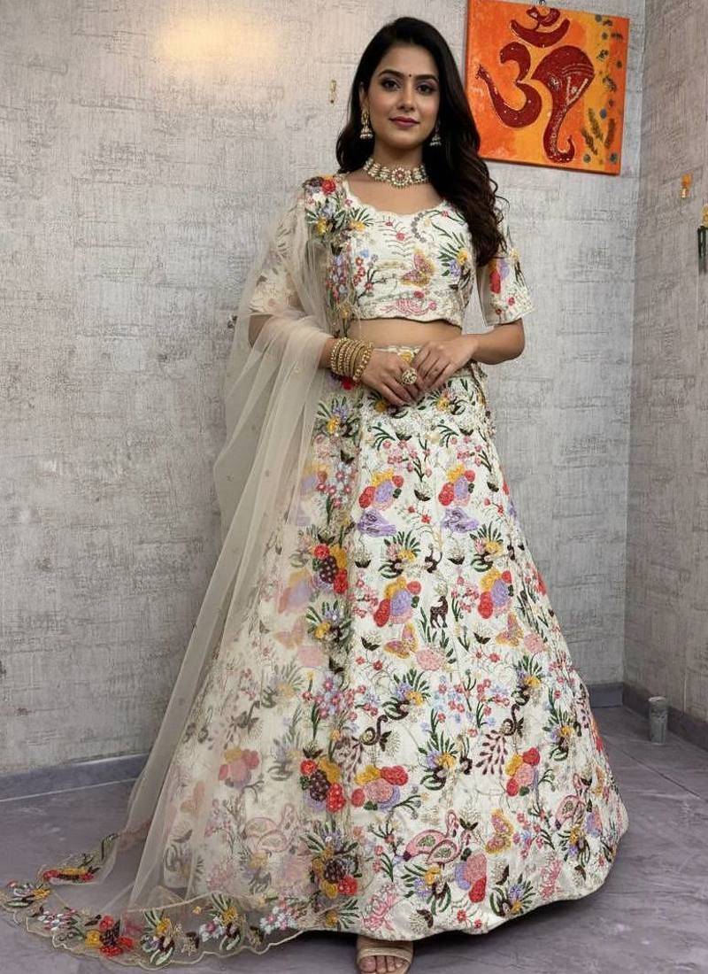 Off White Color Embroidery Sequins Work Masti Silk Lehnega Choli Dupatta Set