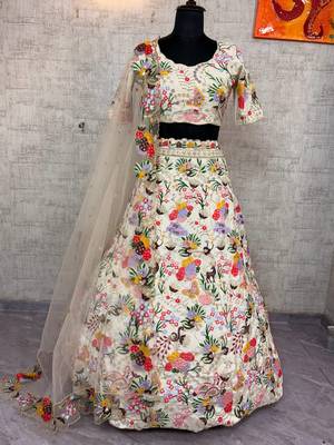 Off White Color Embroidery Sequins Work Masti Silk Lehnega Choli Dupatta Set 4