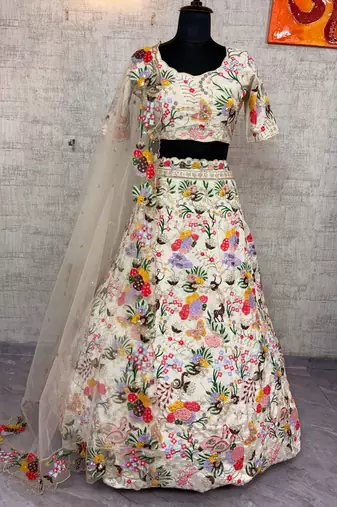 Off White Color Embroidery Sequins Work Masti Silk Lehnega Choli Dupatta Set