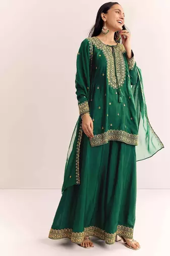 green cotton blended kurta sharara set