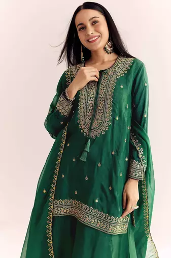 green cotton blended kurta sharara set