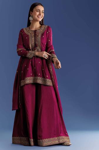 maroon cotton kurta sharara set with embroidery