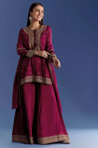 maroon cotton kurta sharara set with embroidery