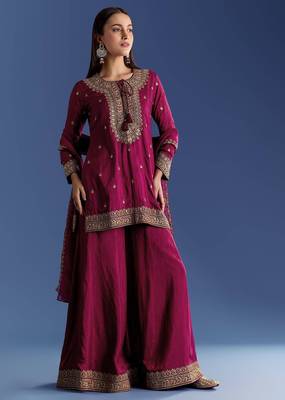 maroon cotton blended kurta sharara set with embroidery 2
