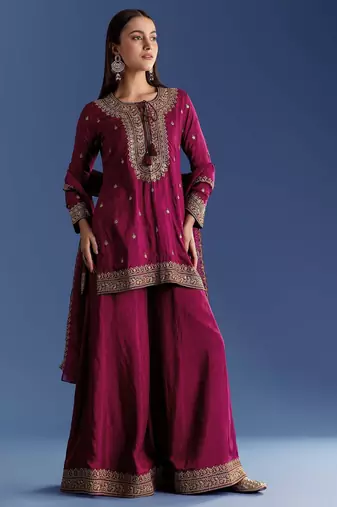 maroon cotton blended kurta sharara set with embroidery