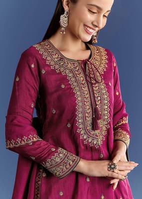 maroon cotton blended kurta sharara set with embroidery 3