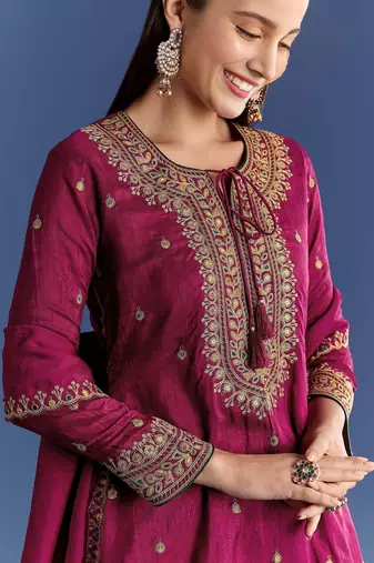 maroon cotton blended kurta sharara set with embroidery