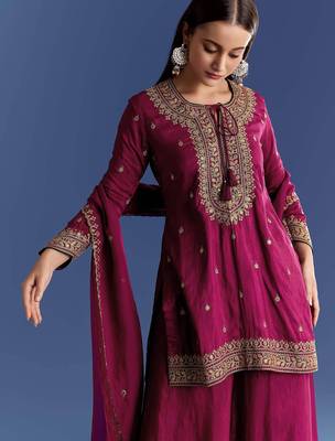maroon cotton blended kurta sharara set with embroidery 4