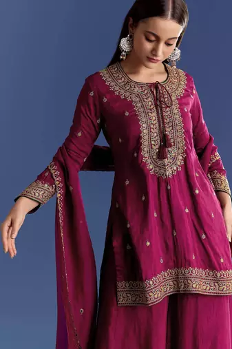 maroon cotton blended kurta sharara set with embroidery